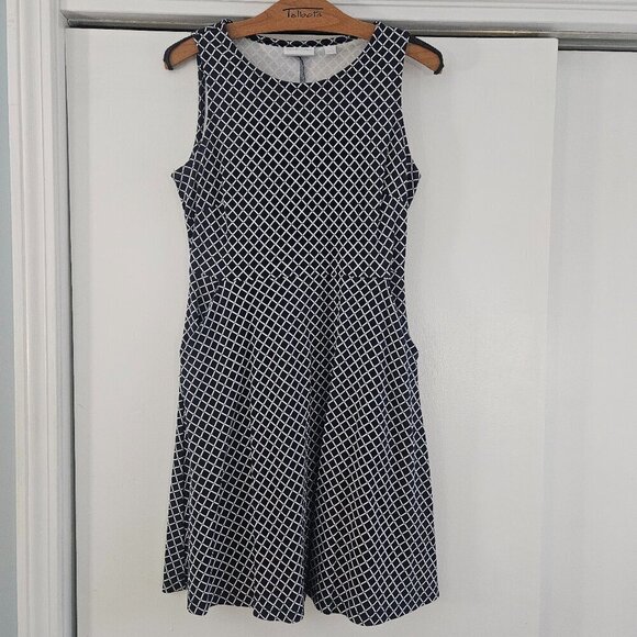 New York & Company Navy & White Geometric Print Small A-Line Dress - Picture 2 of 10